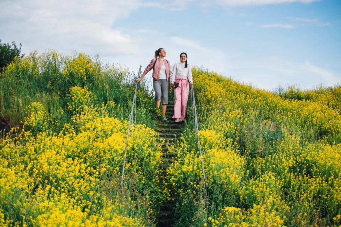 Two girls are standing in the middle of the yellow field. Two girls are standing in the middle of the yellow field.