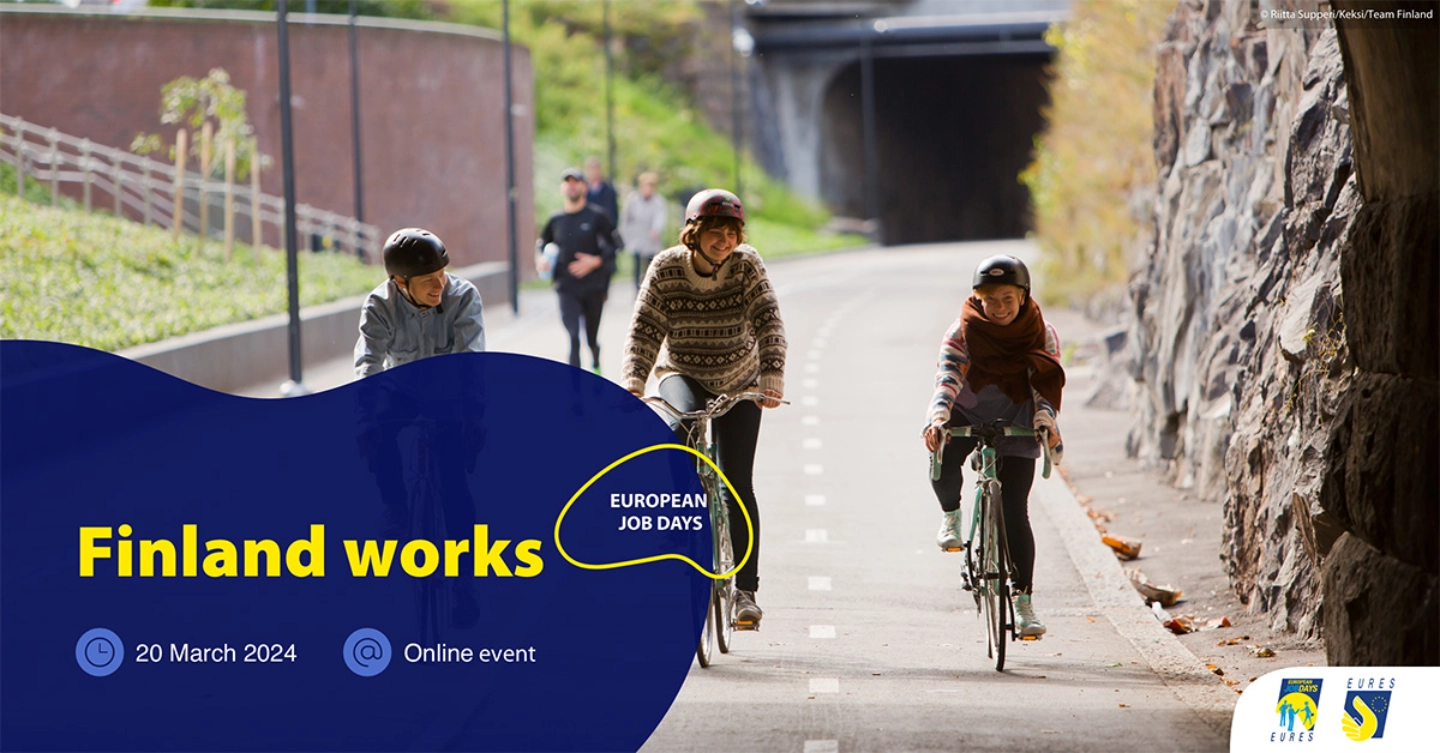 Finland Works advertisement with people bicycling Finland Works advertisement with people bicycling