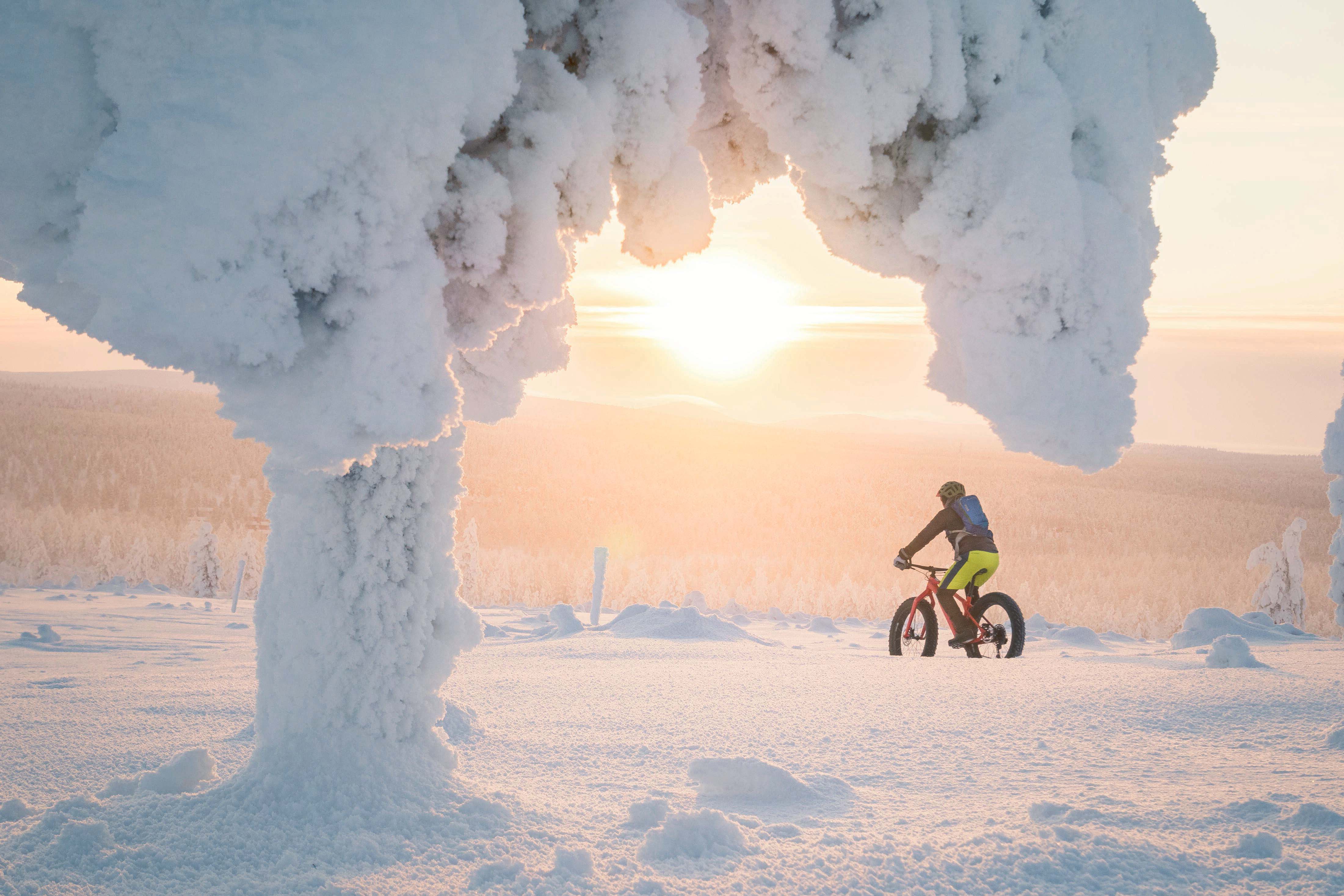 Mountainbiking in the snow heavy Lapland landscape.