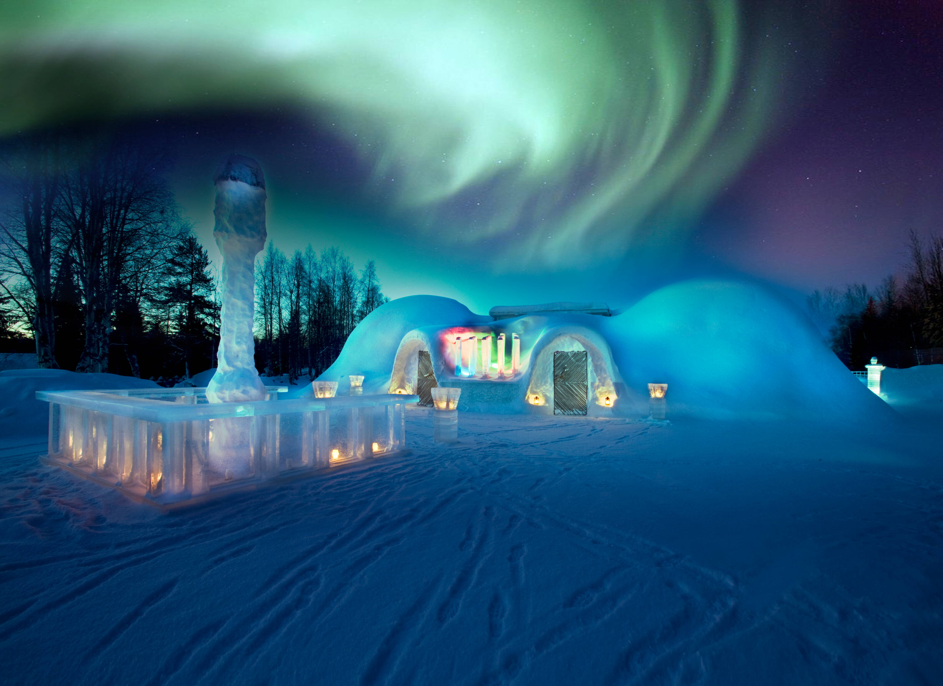 An ice hotel with northern lights in Lapland, Finland