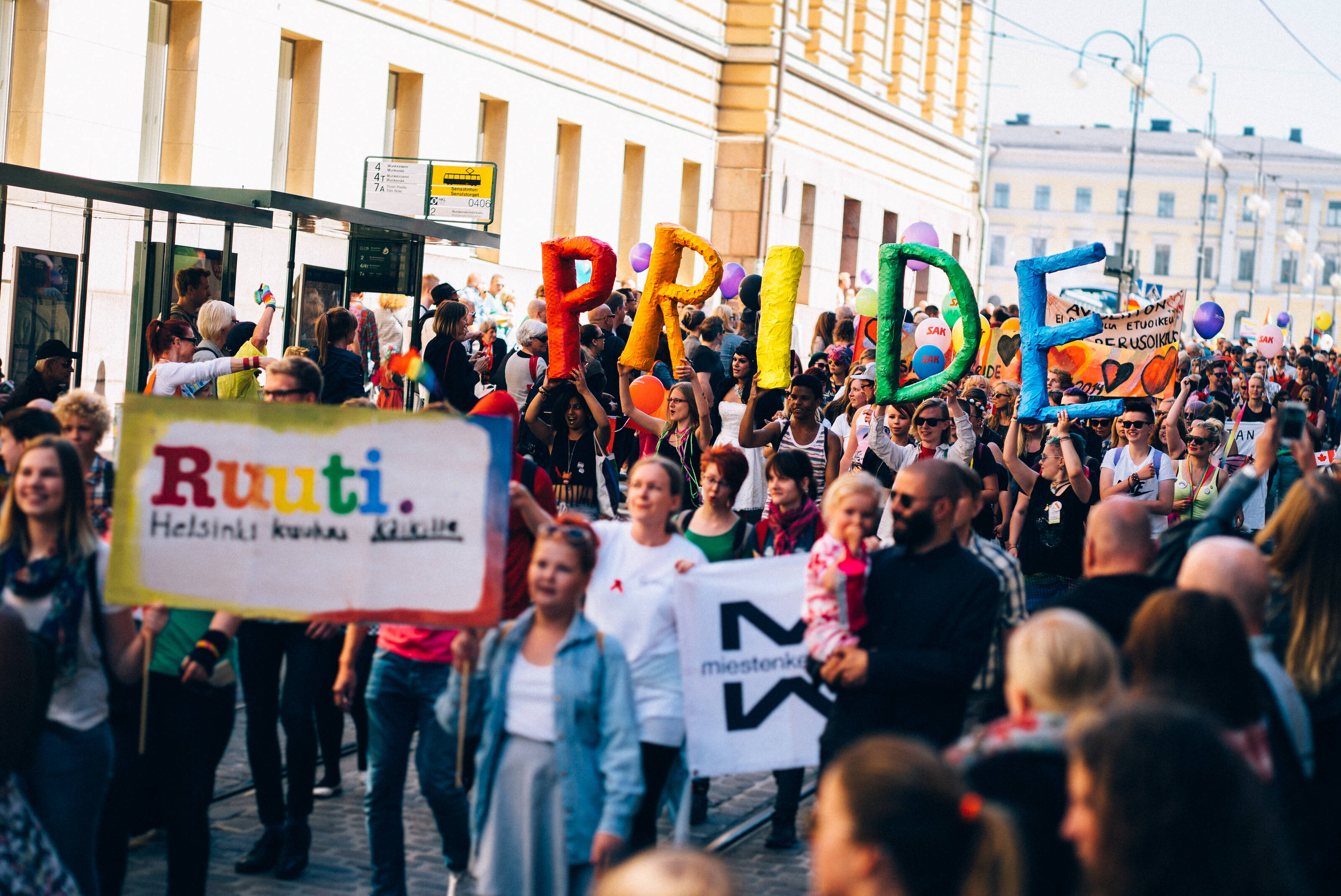 Celebrating people at a LGBTQIA+ event in Helsinki, Finland