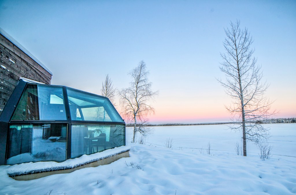 A glass hut with a view over the Lake Ranua in Finland.