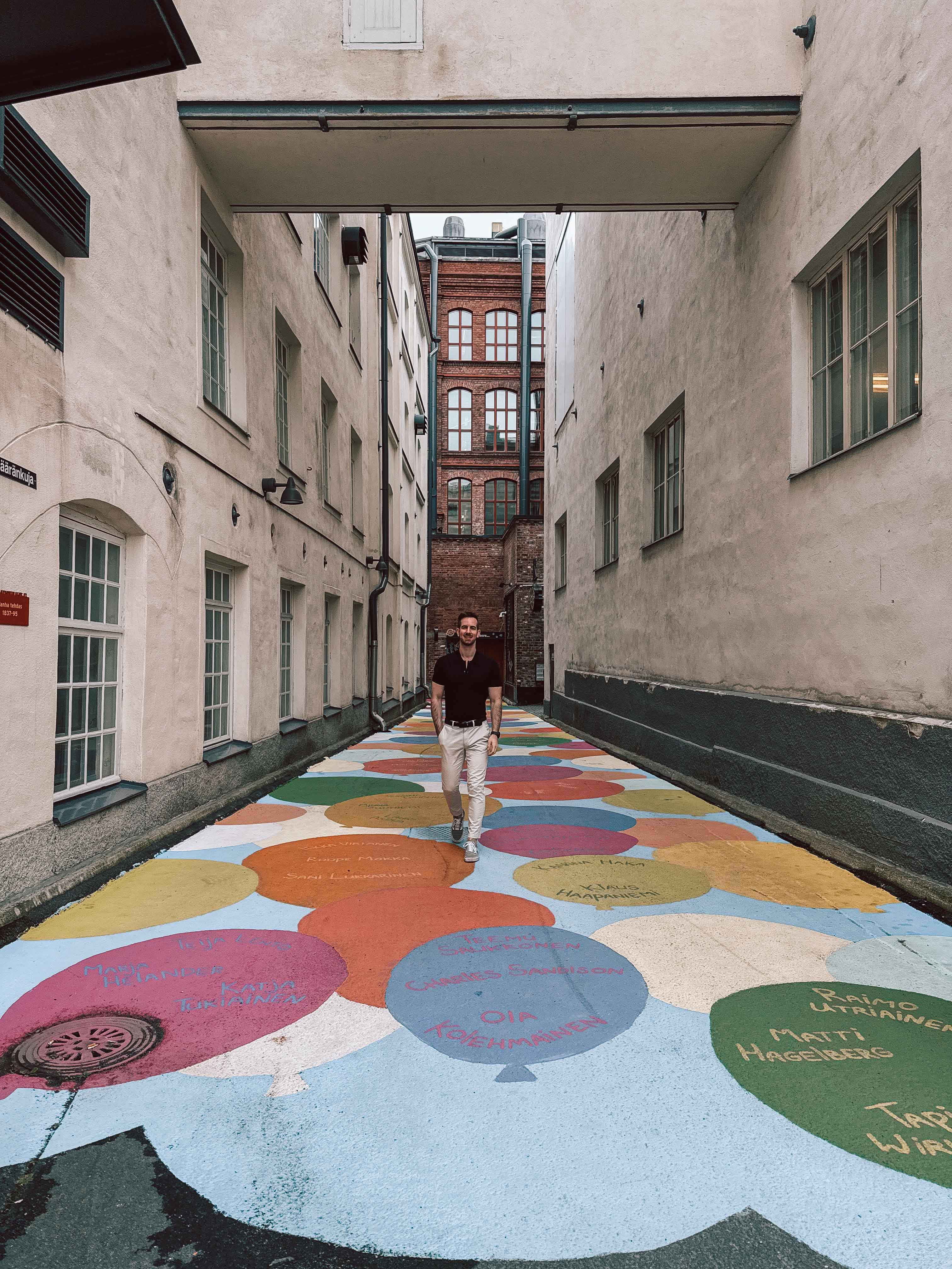 Jonny exploring colourful Finlayson Area in Tampere.